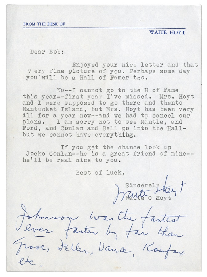 Baseball Autographs - Walter Johnson "Faster By Far Than Sandy Koufax" Waite Hoyt Letter