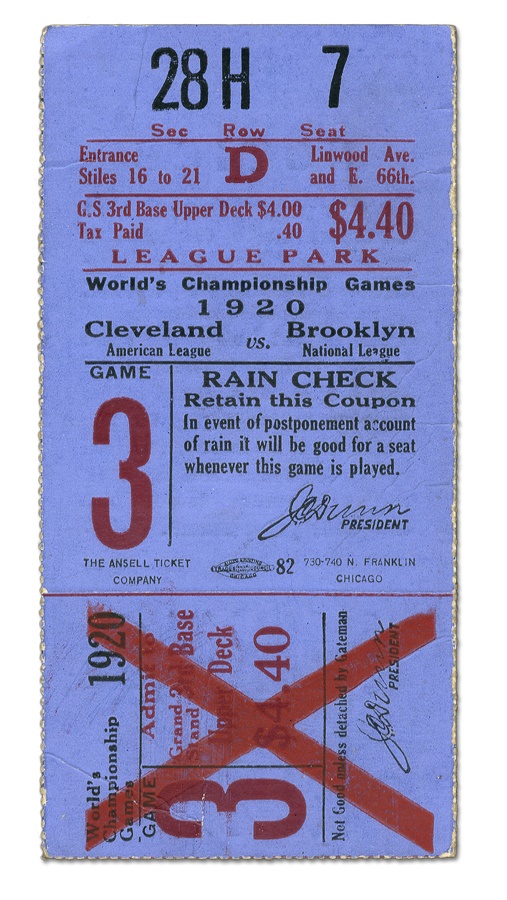 - 1920 Cleveland Indians World Series Ticket