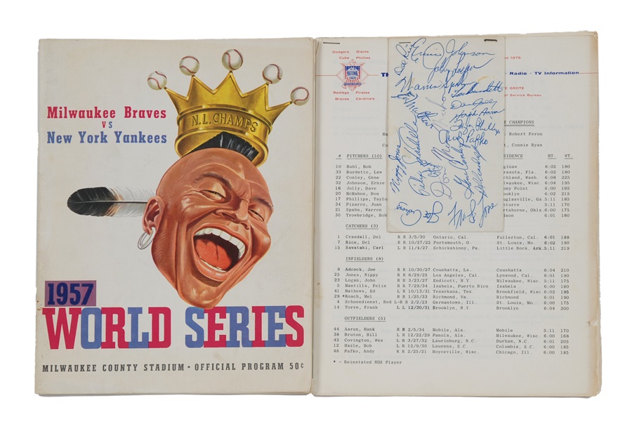 Baseball Autographs - 1957 World Champion Milwaukee Braves Signed Team Sheet & World Series Program