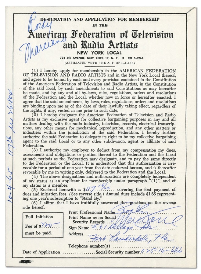 Muhammad Ali & Boxing - 1965 Rocky Marciano Signed Contract