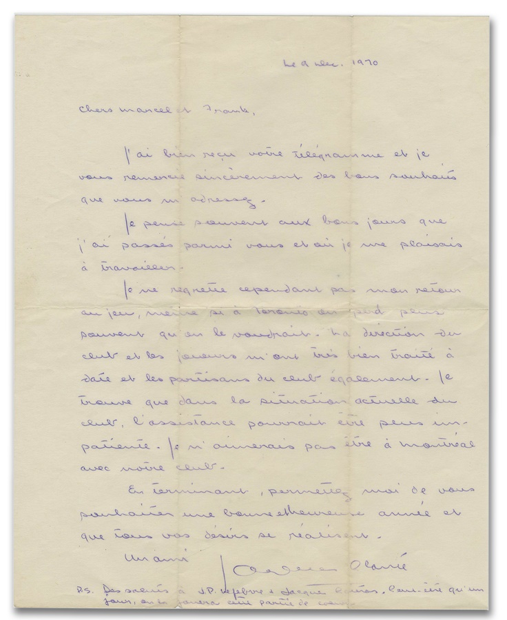 - 1970 Jacques Plante Signed Handwritten Letter