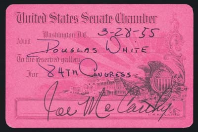 1955 Joe McCarthy Signed Senate Hearings Pass