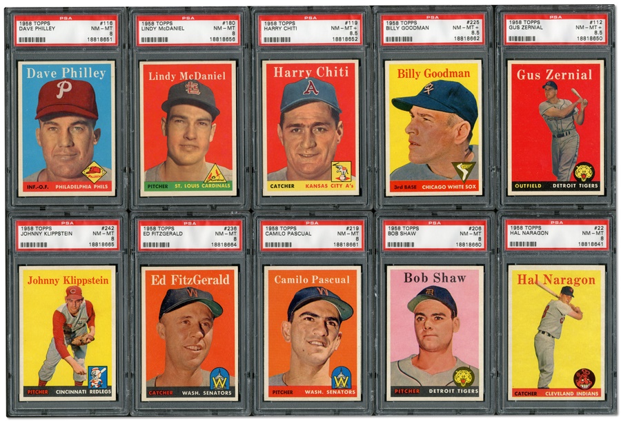 Thirteen 1958 Topps Baseball Cards (all PSA 8 and 8.5)