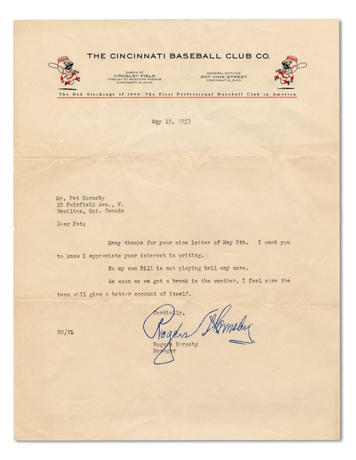 Rogers Hornsby Typed Letter Signed on Cincinnati Reds Stationery