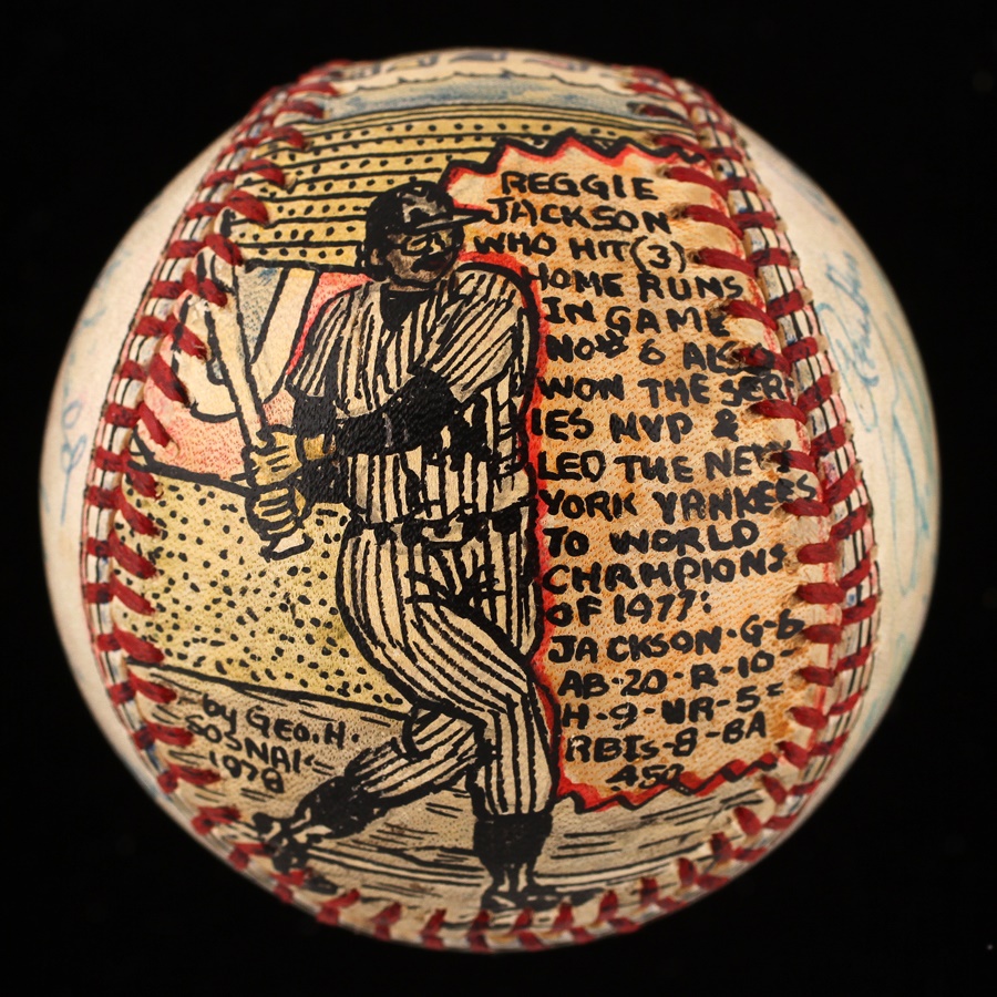 Baseball Autographs - Reggie Jackson Three Homeruns Hand Painted Baseball by George Sosnak