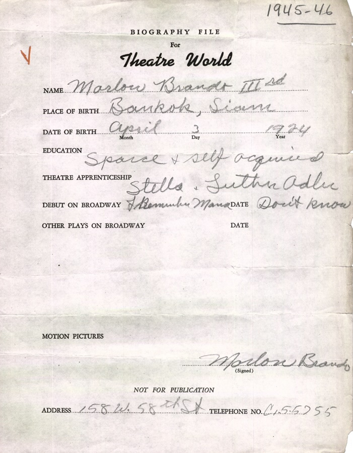 Marlon Brando III Signed Biographical Sheet