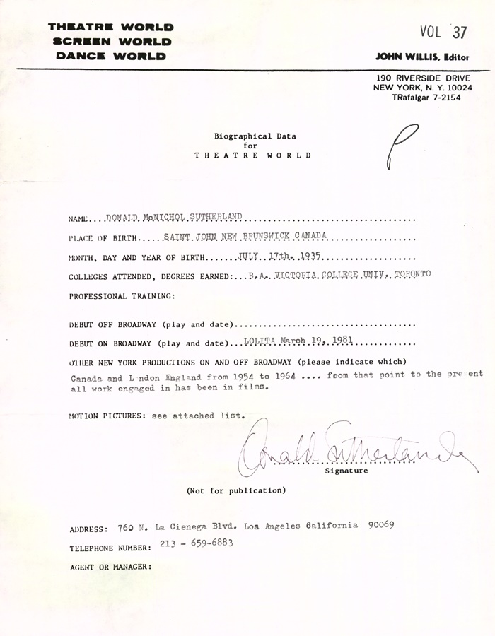 - Donald Sutherland Signed Biographical Sheet