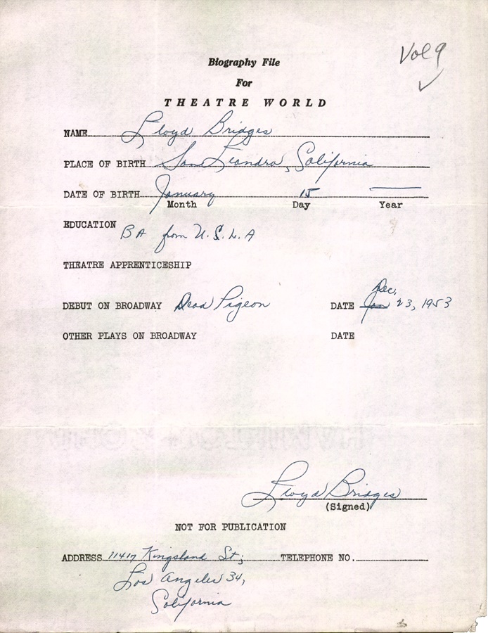 Lloyd Bridges Signed Biographical Sheet