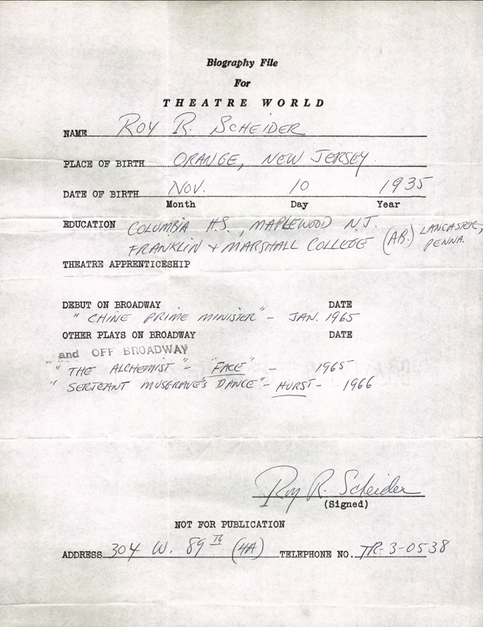 Roy Scheider Signed Biographical Sheet
