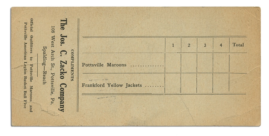 - 1925 Pottsville Maroons vs. Frankford Yellow Jackets Scorecard with Fight Songs