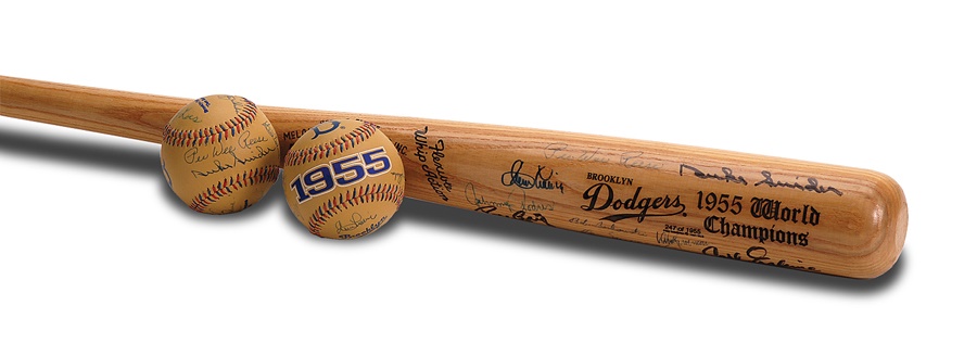 - 1955 Brooklyn Dodgers Signed Baseballs and Bat (3)