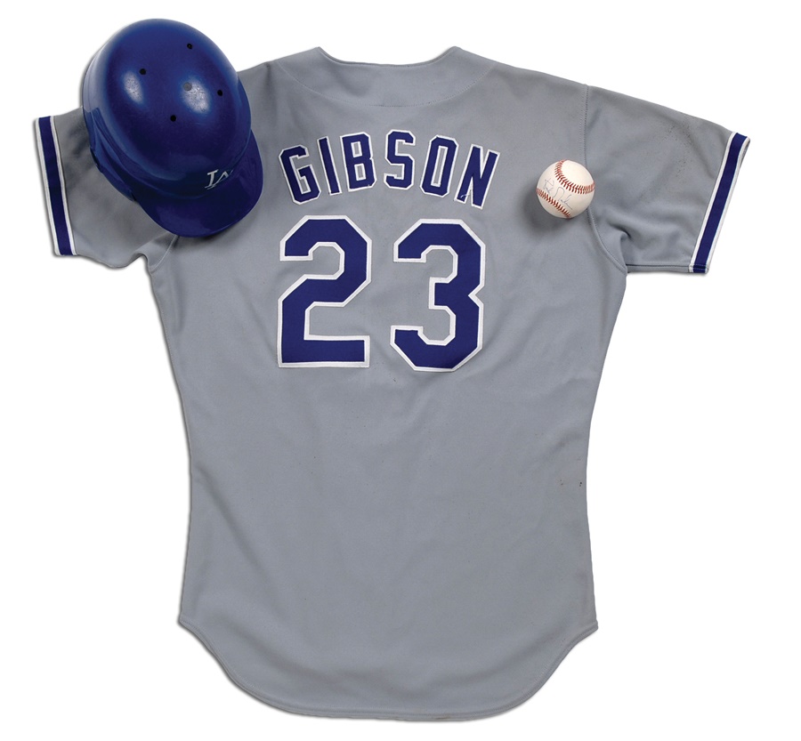- 1990 Kirk Gibson Los Angeles Dodgers Game Worn Jersey with Helmet and Baseball