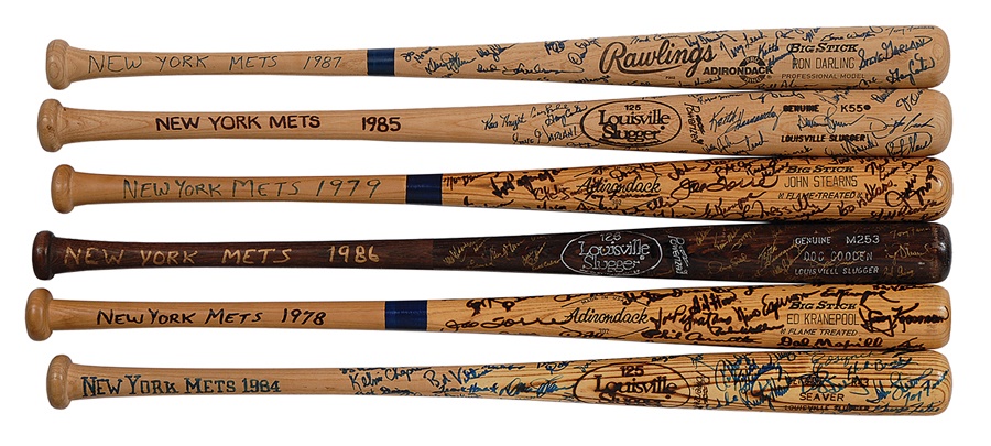 Baseball Equipment - New York Mets Team Signed Bats Including 1986 (6)