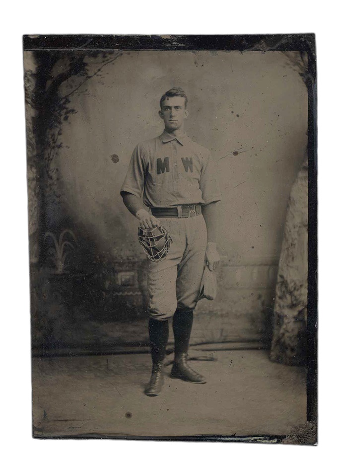 - 1/4 Plate Baseball Tintype With Catchers Equipment