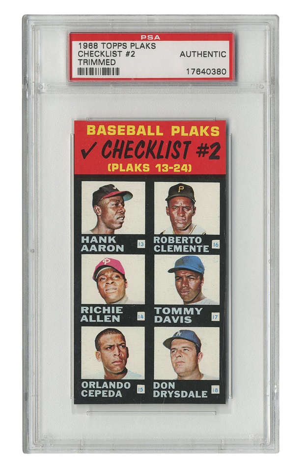 - 1968 Topps Plaks Checklist Featuring Pete Rose, Hank Aaron, And Roberto Clemente