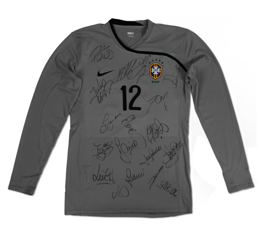 - 2008 Brazil Game-Issued Goalkeepers Jersey Signed by Squad, Includes Kaka and Robinho