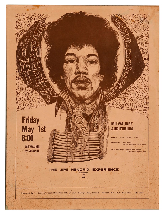 - Jimi Hendrix 1970 Poster and Ticket Stub for Milwaukee WI