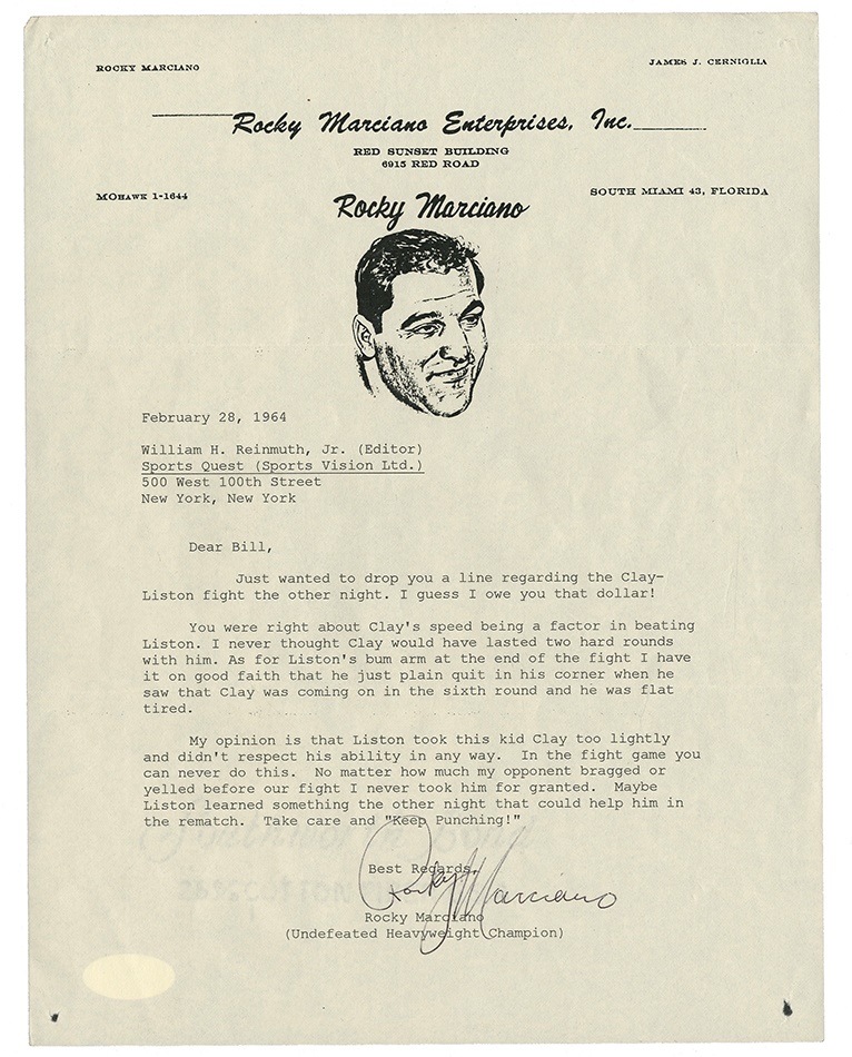Muhammad Ali & Boxing - Rocky Marciano Signed Letter With Clay vs Liston Contet