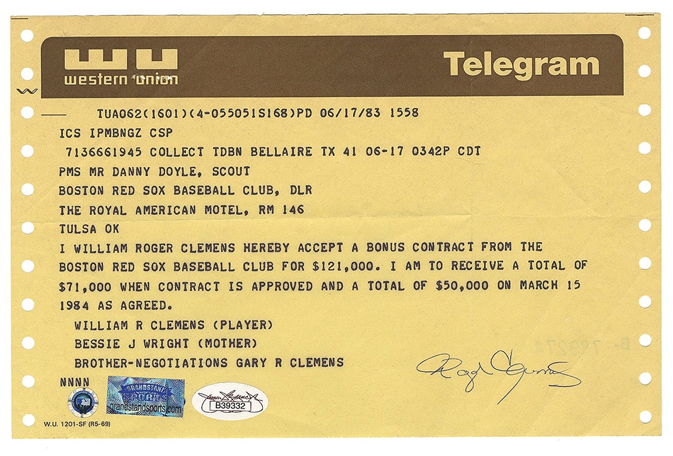 - 1983 Roger Clemens Telegram to Boston Red Sox, Accepting Contract