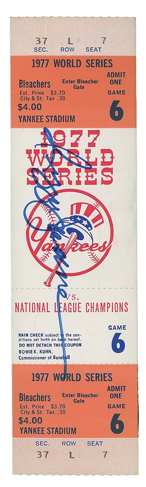 NY Yankees, Giants & Mets - 1977 World Series Reggie Jackson Three Home Run Game Signed Full Ticket