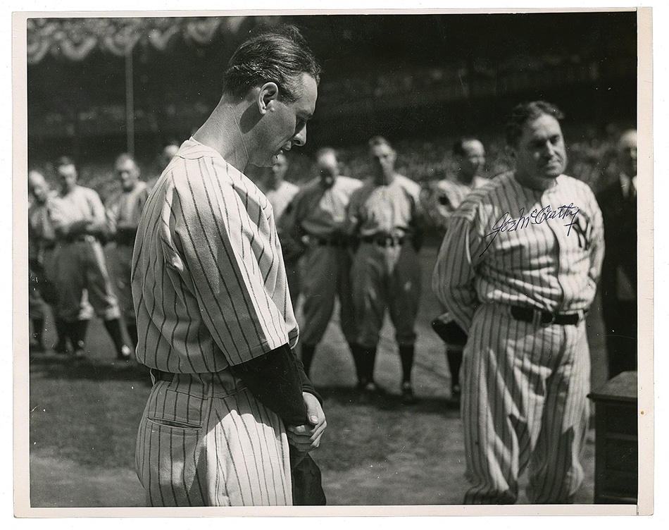 NY Yankees, Giants & Mets - Poignant Lou Gehrig Day Photo Signed by Joe McCarthy