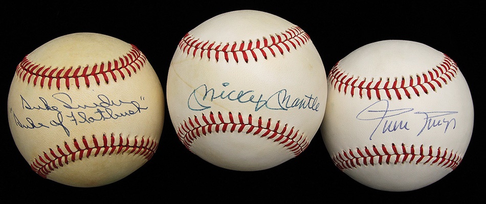 Baseball Autographs - Willie, Mickey and The Duke Signed Baseballs
