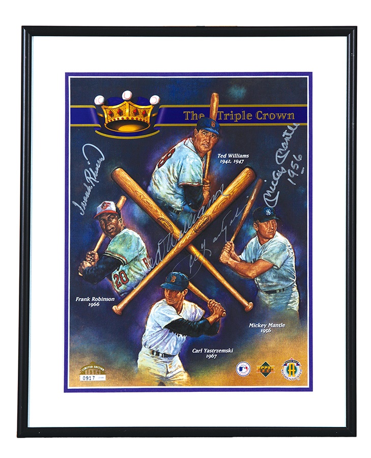 Baseball Autographs - Mantle, Williams, Yastrzemski, and Robinson Signed Triple Crown Print