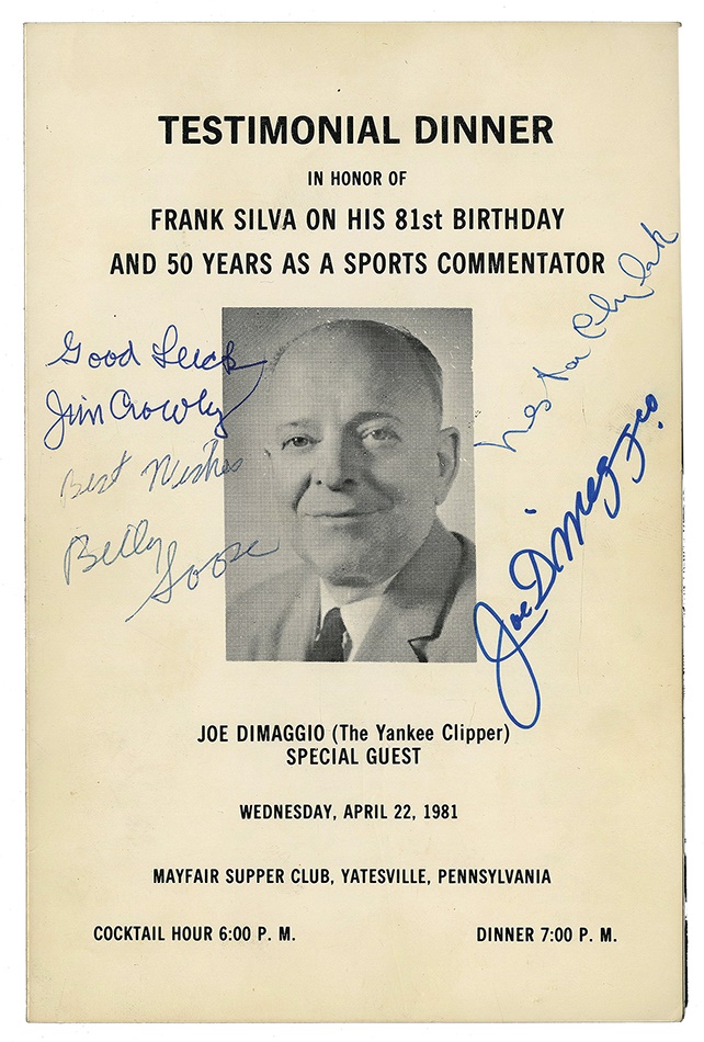 Baseball Autographs - Testimonial Dinner Program Signed By Nestor Chylak, Jim Crowly, and Joe DiMaggio