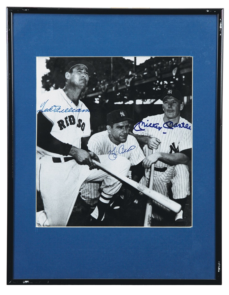 Baseball Autographs - Mickey Mantle, Ted Williams, & Yogi Berra Signed Large Format Photo