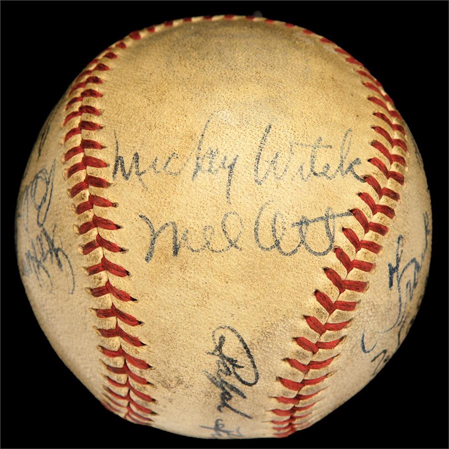 Baseball Autographs - 1947 Pirates & Giants Team Signed Baseball With Ott, Greenberg, & Frisch