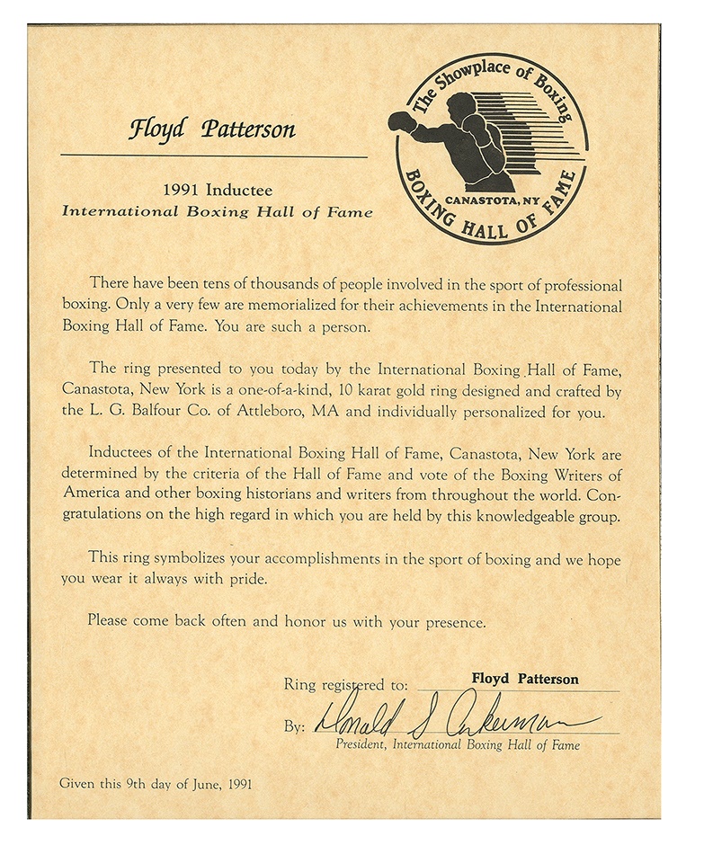 Floyd Patterson Boxing Hall of Fame Induction Certificate