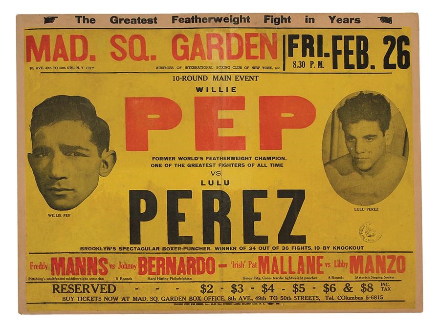 Muhammad Ali & Boxing - 1954 Willie Pep vs. Lulu Perez On-Site Fight Poster
