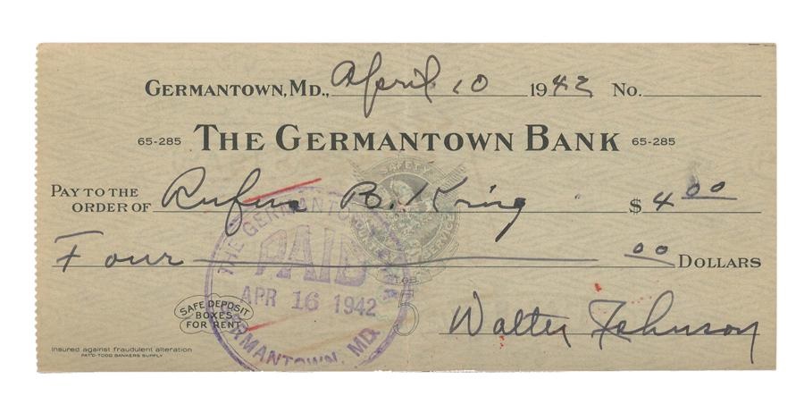 Baseball Autographs - 1942 Walter Johnson Signed Bank Check