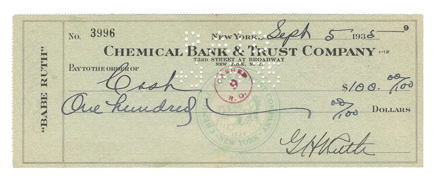 1935 Babe Ruth Double-Signed Bank Check