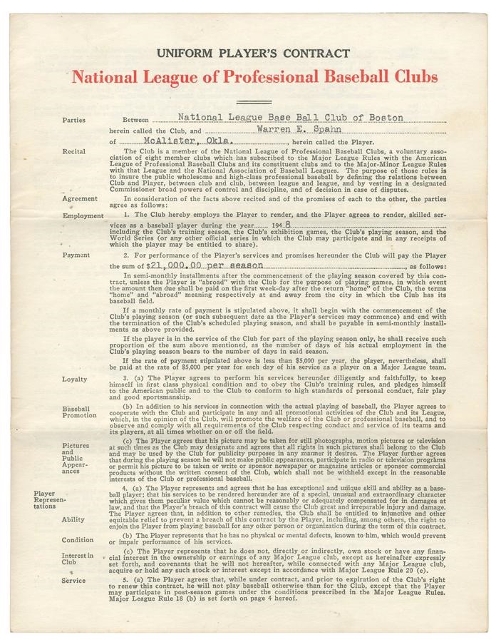 - Warren Spahn 1948 National League Champion Boston Braves Contract
