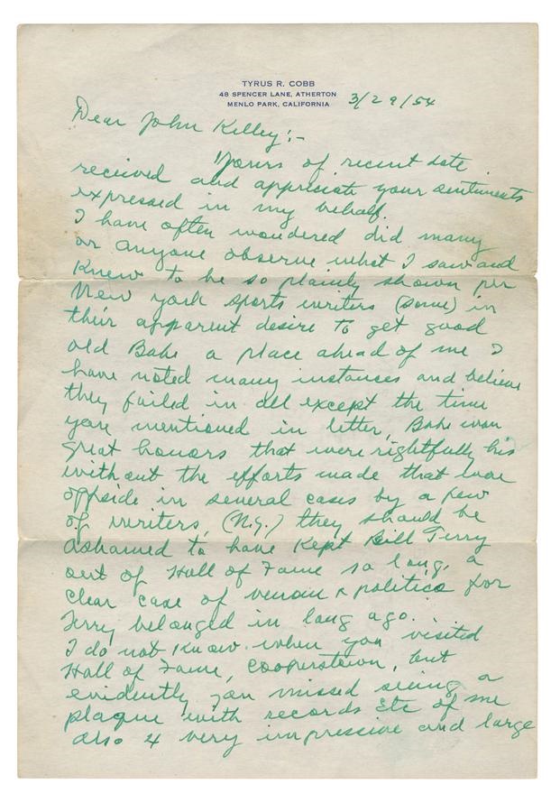 Baseball Autographs - Superb Ty Cobb Hanwritten Letter Concerning Babe Ruth, Hall of Fame and His Equipment