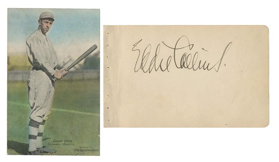 Baseball Autographs - Eddie Collins Signed Album Page and Sporting News Postcard