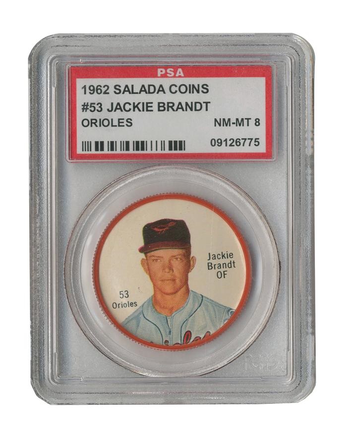 - 1962 Salada Coins Key Variation Jackie Brandt Orioles PSA 8 NMMT