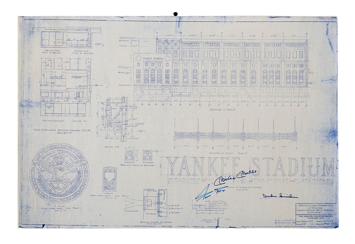 Baseball Autographs - Yankee Stadium Blueprint Signed By Willie, Mickey and the Duke