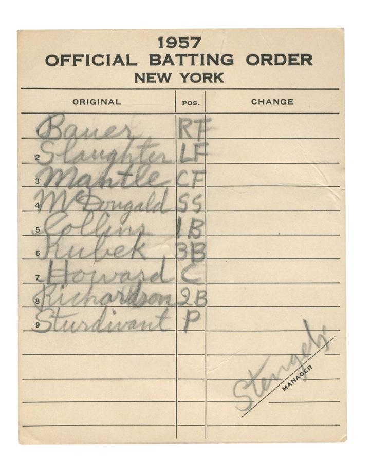 NY Yankees, Giants & Mets - 1957 NY Yankees Lineup Card In Casey Stengel's Hand