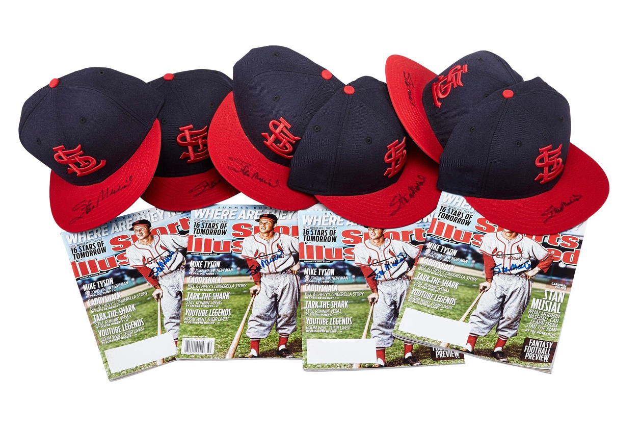 Stan Musial Signed St. Louis Cardinals Caps (6) and Sports Illustrateds (4)