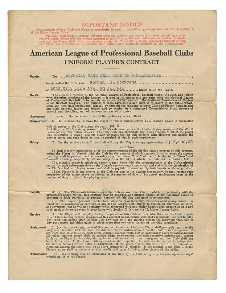- 1930 Mickey Cochrane Signed Player's Contract