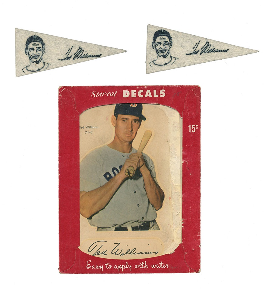 - 1952 Ted Williams Star-Cal Decal  & American Nut and Chocolate Pennants (3)