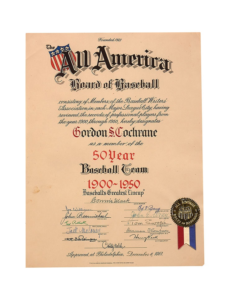- Mickey Cochrane All-America 50-Year Baseball Team Certificate