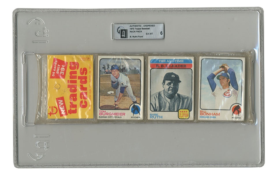 - 1973 Topps Baseball Unopened Rack Pack With Babe Ruth On Top