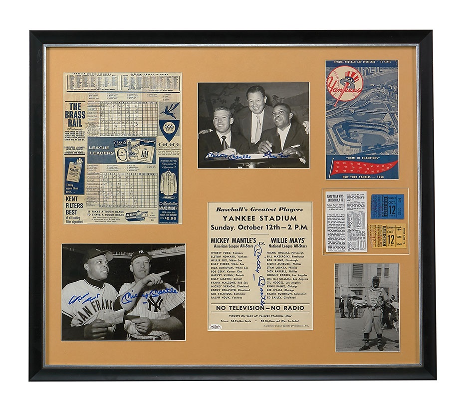 Sports Tickets and Programs - 1958 Mickey Mantle Vs. Willie Mays All Stars Signed Display