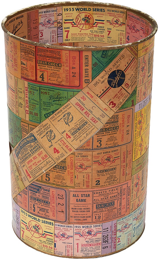 Tickets, Publications & Pins - Waste Basket Decorated With Vintage Baseball Tickets