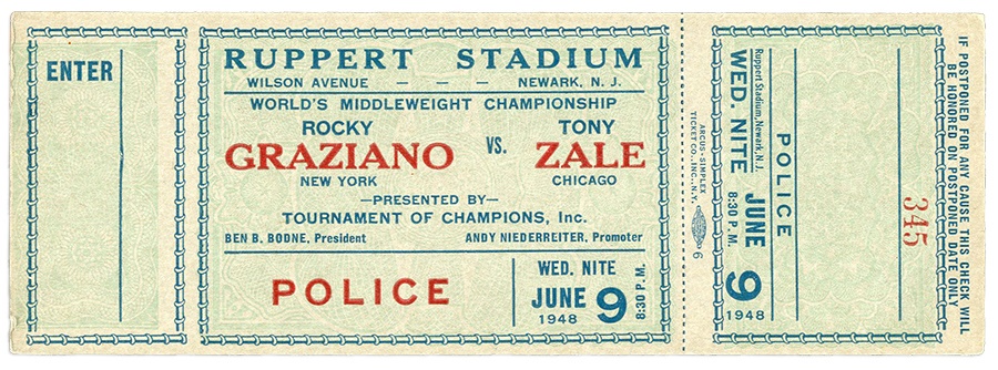 Muhammad Ali & Boxing - 1948 Rocky Graziano vs. Tony Zale Full Ticket