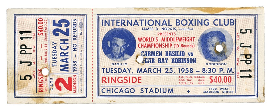 Muhammad Ali & Boxing - 1958 Carmen Basilio vs. Sugar Ray Robinson Full Ticket