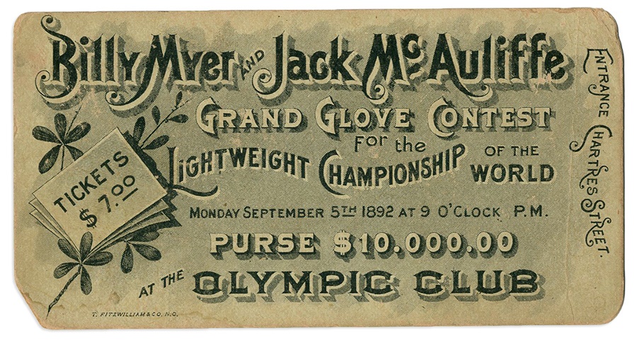 Muhammad Ali & Boxing - 1892 Billy Myer vs. Jack McAuliffe Full Ticket